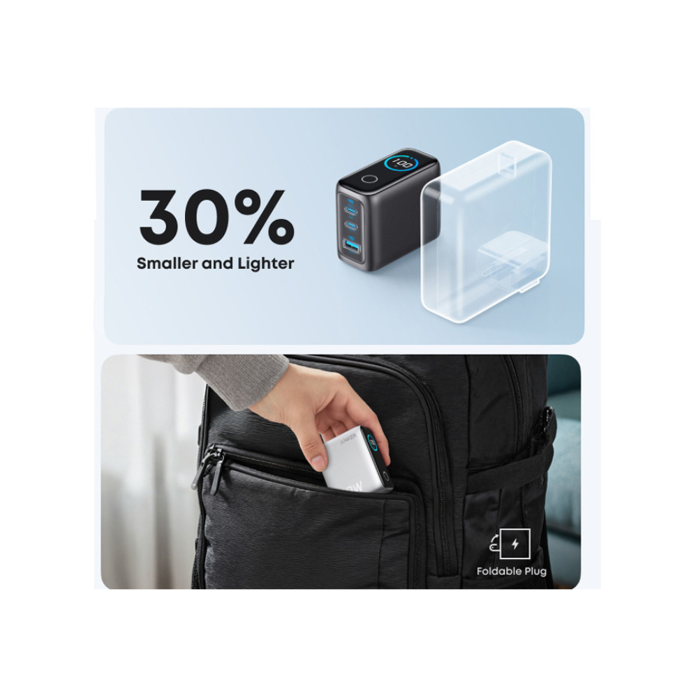 ANKER 100W GaN zidni brzi punjač, 3-porta (2x USB-C i 1x USB-A) sa USB-C M/M pletenim kablom, tamno sivi
