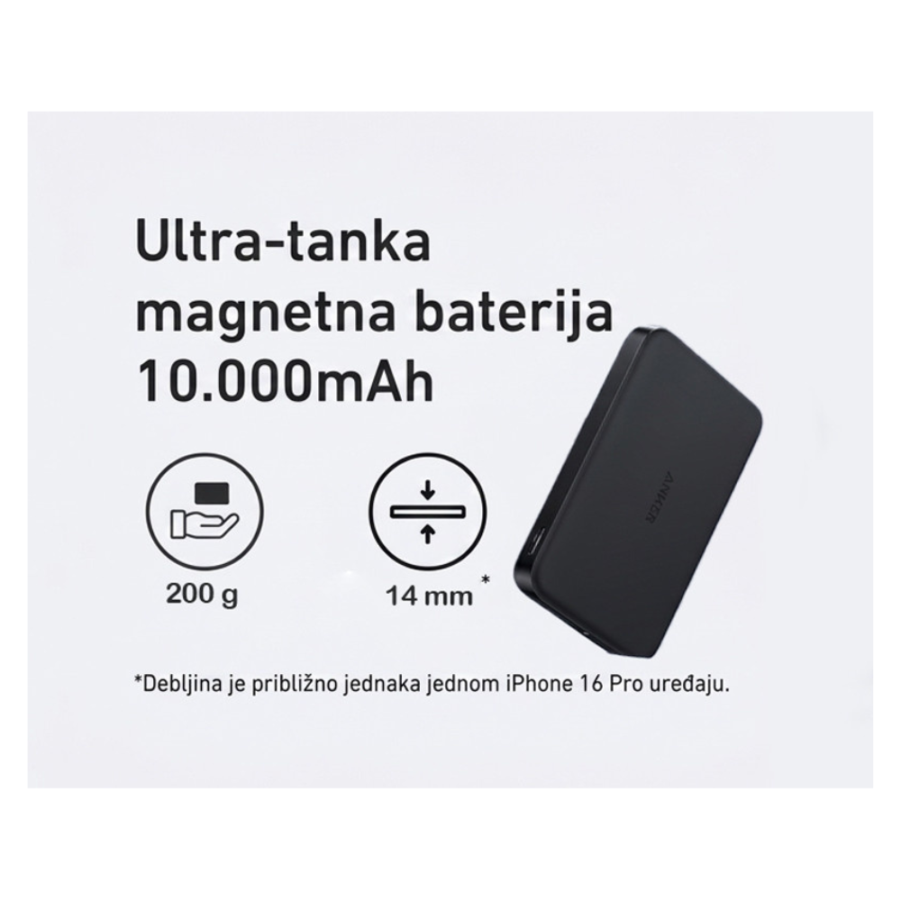 ANKER MagGo 10000mAh, 15W, magnetno bezični power bank, crni