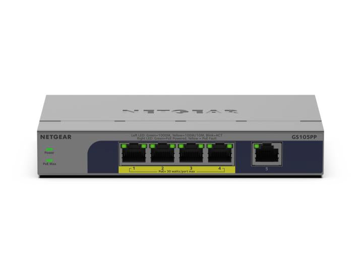 NETGEAR GS105PP Unmanaged Gigabit Ethernet (10/100/1000) Power over Ethernet (PoE) Desktop/Wall-Mounting Grey