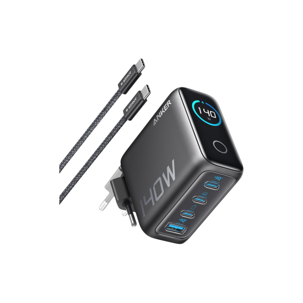 ANKER 140W zidni punjač 4-porta (3x USB-C, 1x USB-A) sa USB-C M/M pletenim kablom, tamno sivi