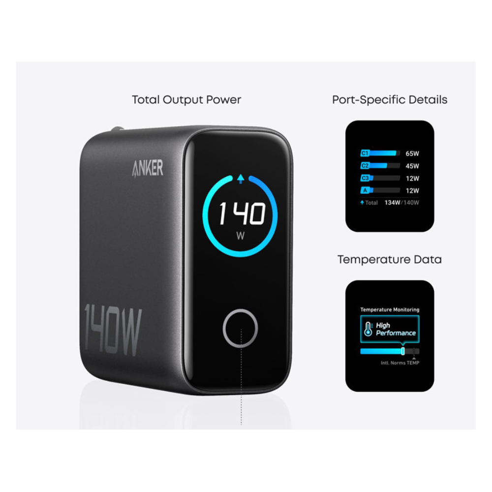ANKER 140W zidni punjač 4-porta (3x USB-C, 1x USB-A) sa USB-C M/M pletenim kablom, tamno sivi