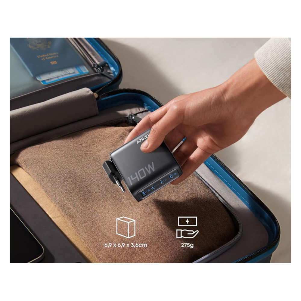 ANKER 140W zidni punjač 4-porta (3x USB-C, 1x USB-A) sa USB-C M/M pletenim kablom, tamno sivi