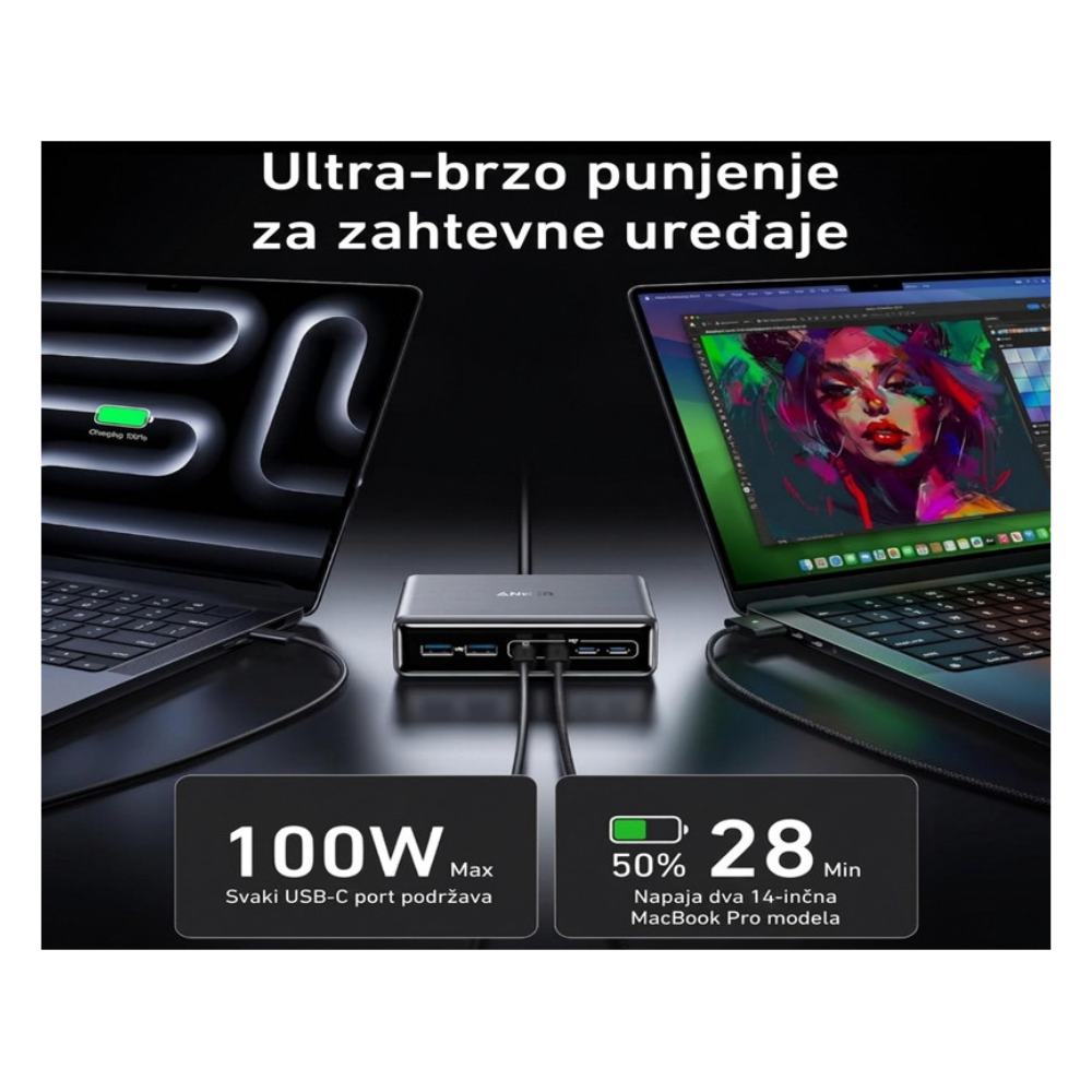 ANKER Prime 200W GaN stoni brzi punjač, 6-portova (4x USB-C i 2x USB-A) srebrni