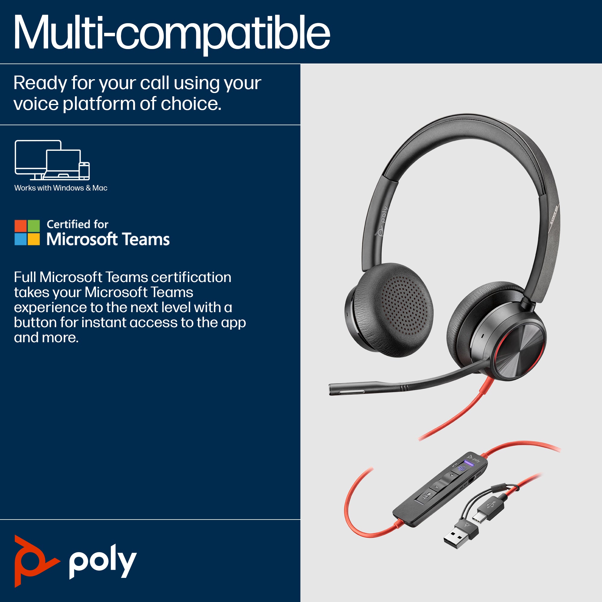 HP Poly Blackwire 8225 Stereo Microsoft Teams Certified USB-C Headset +USB-C/A Adapter (8X225AA)