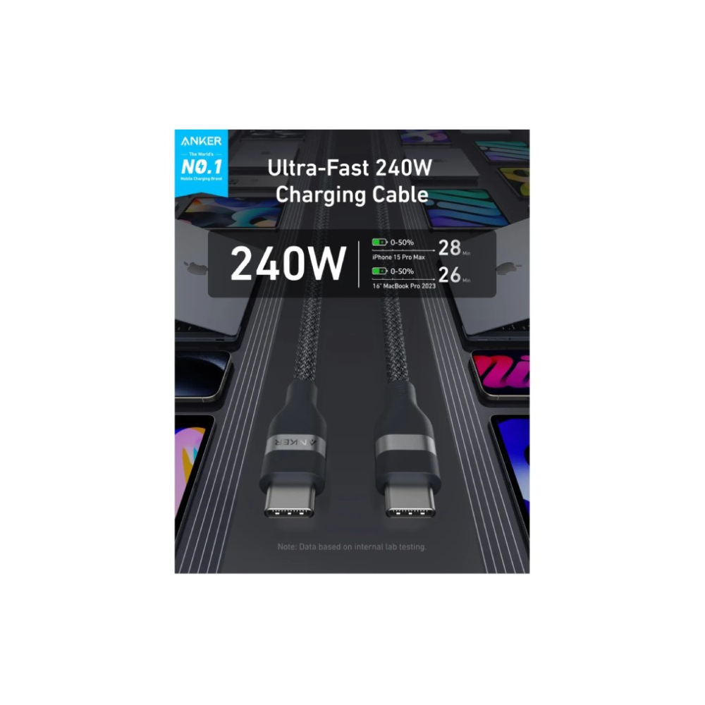 ANKER USB tip-C kabl M/M 1.8m, za Super brzo punjenje 240W/480Mbps, pleteni, crni
