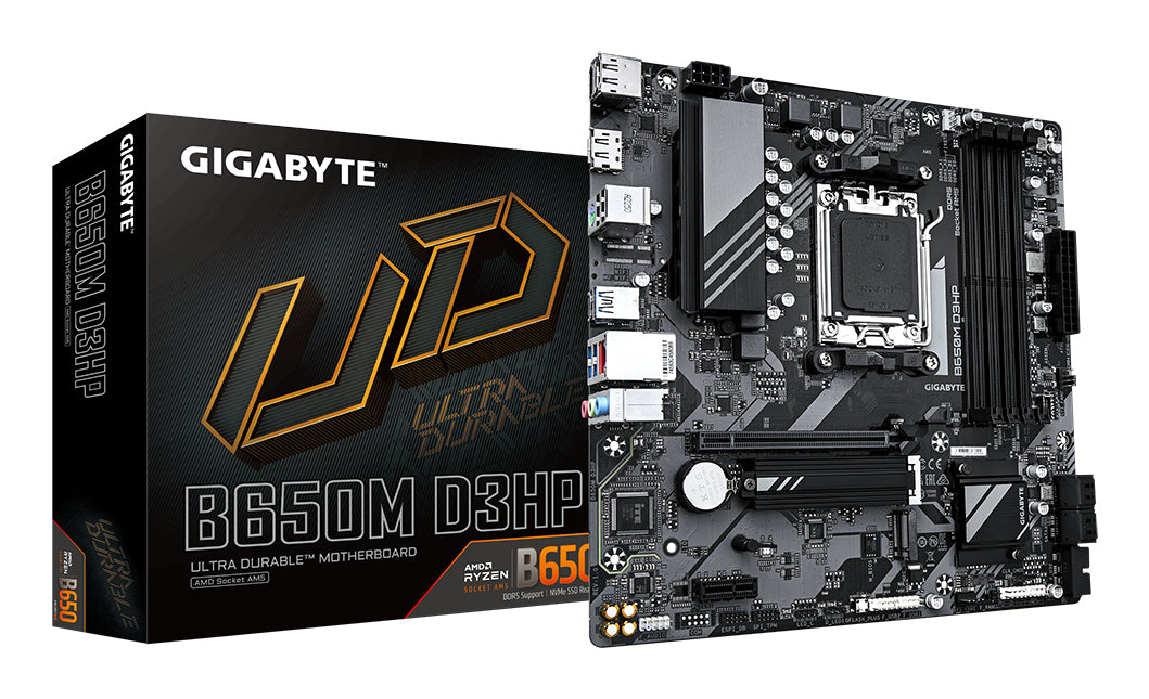 GIGABYTE B650M D3HP Motherboard - AMD Ryzen 9000 Series CPUs, 5+2+2 Phases VRM, up to 7600MHz DDR5 (OC), 2xPCIe 4.0 M.2, 2.5GbE LAN, USB 3.2 Gen 1