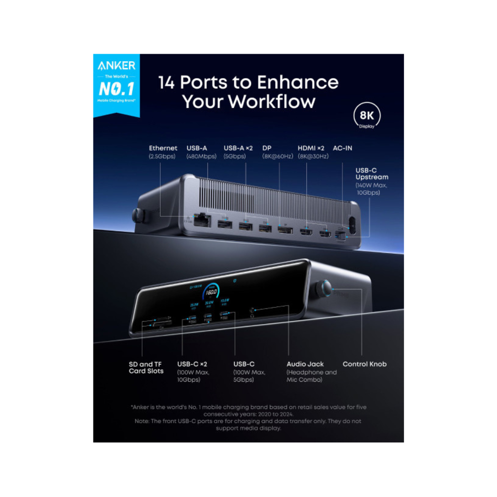 ANKER Prime Docking Stanica 140W, 14u1, Display Link, siva