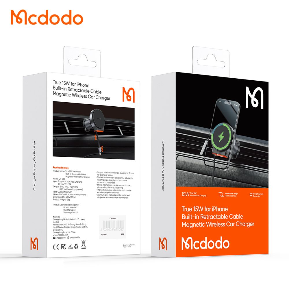 MCDODO CH-3000 MAGNETNI DRŽAČ ZA AUTO SA Kablom za punjenje, LIGHTENING, 15W