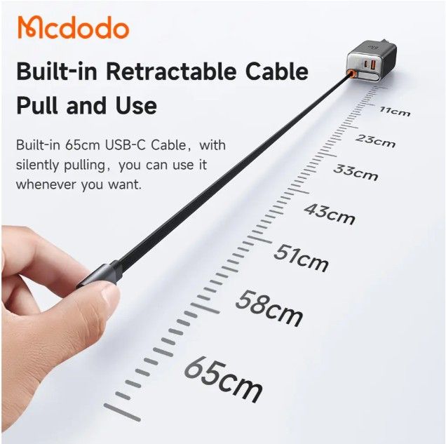 MCDODO CH-4103 ZIDNI PUNJAČ 67W 1C+1A GaN SA UGRADJENIM KABLOM USB-C NA IZVLAČENJE 65cm, Beli
