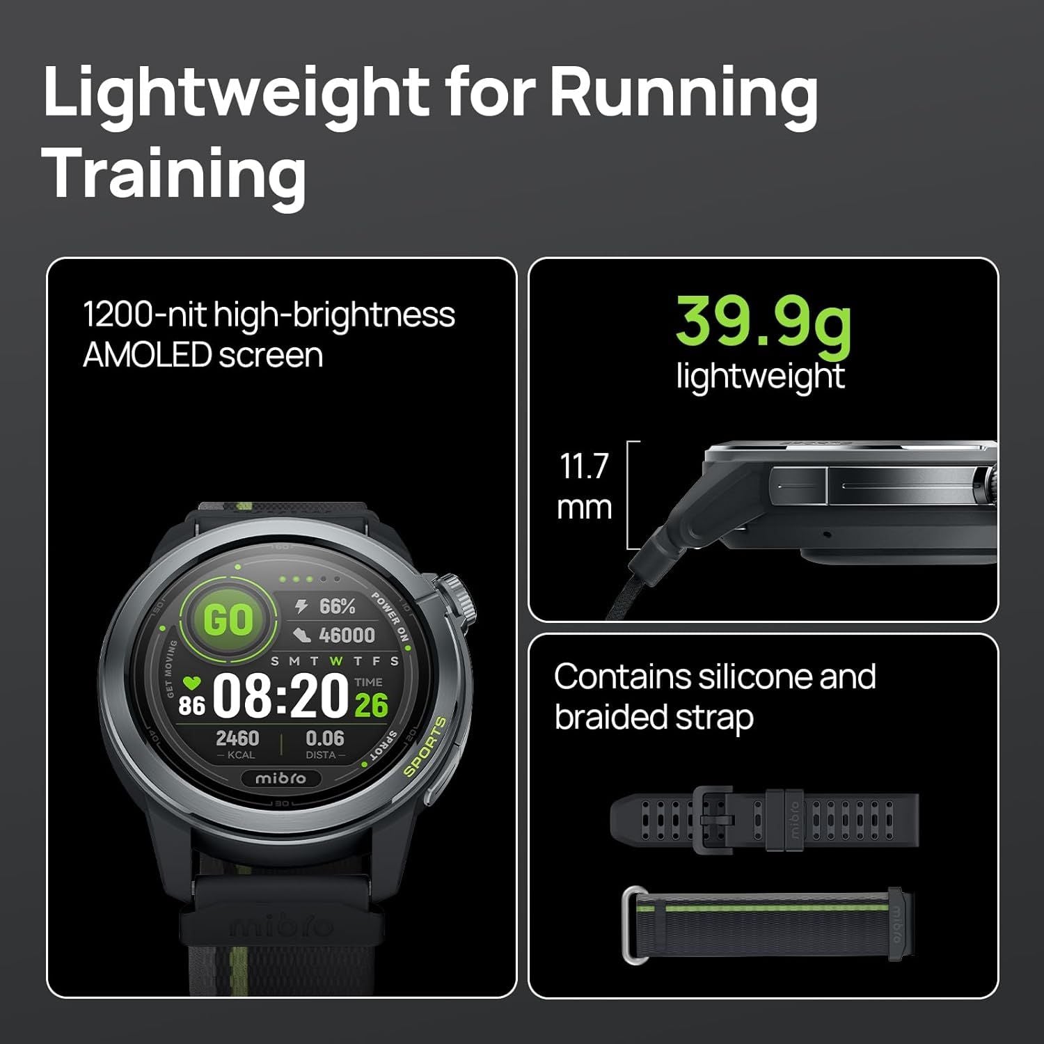 MIBRO GS ACTIVE2 PAMETNI SAT GPS, 1.32", 2 NARUKVICE, TAMNO Sivi