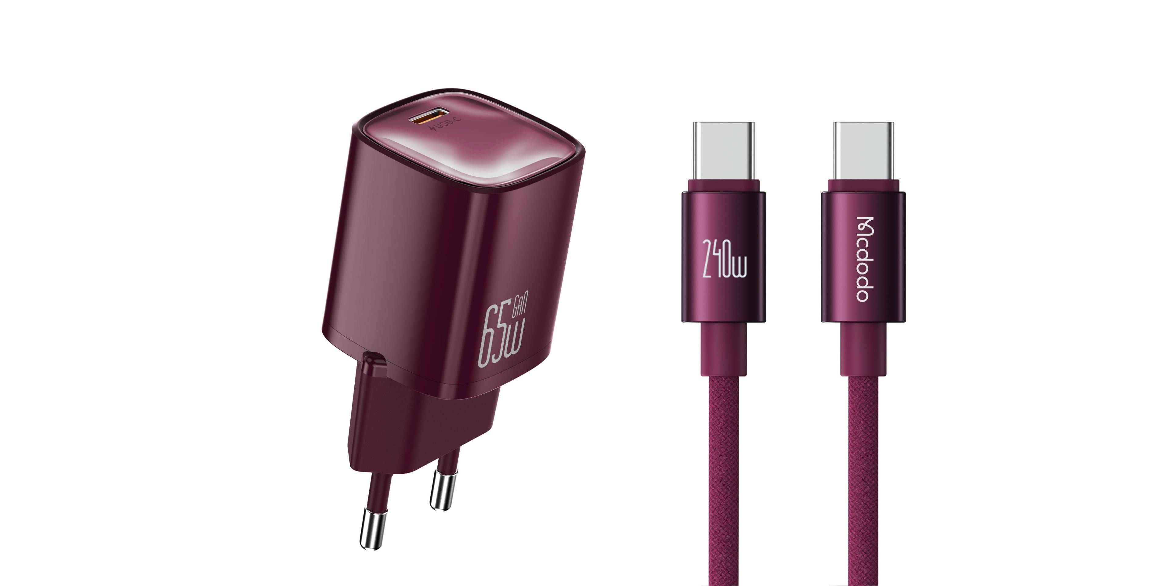 MCDODO CH-8264 SET ZIDNI PUNJAČ USB-C + KABL TIP-C 65W 1,2m BORDO