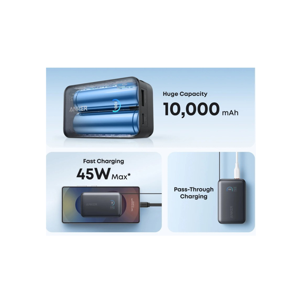 ANKER Nano 10000mAh, 45W, sa ugradjenim USB-C kablom na izvlacenje, Power Bank crni