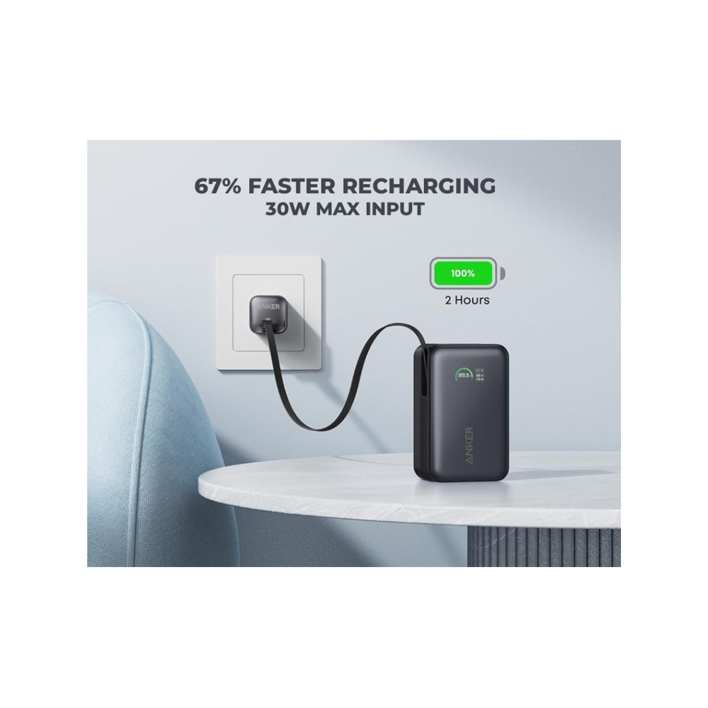ANKER Nano 10000mAh, 45W, sa ugradjenim USB-C kablom na izvlacenje, Power Bank crni