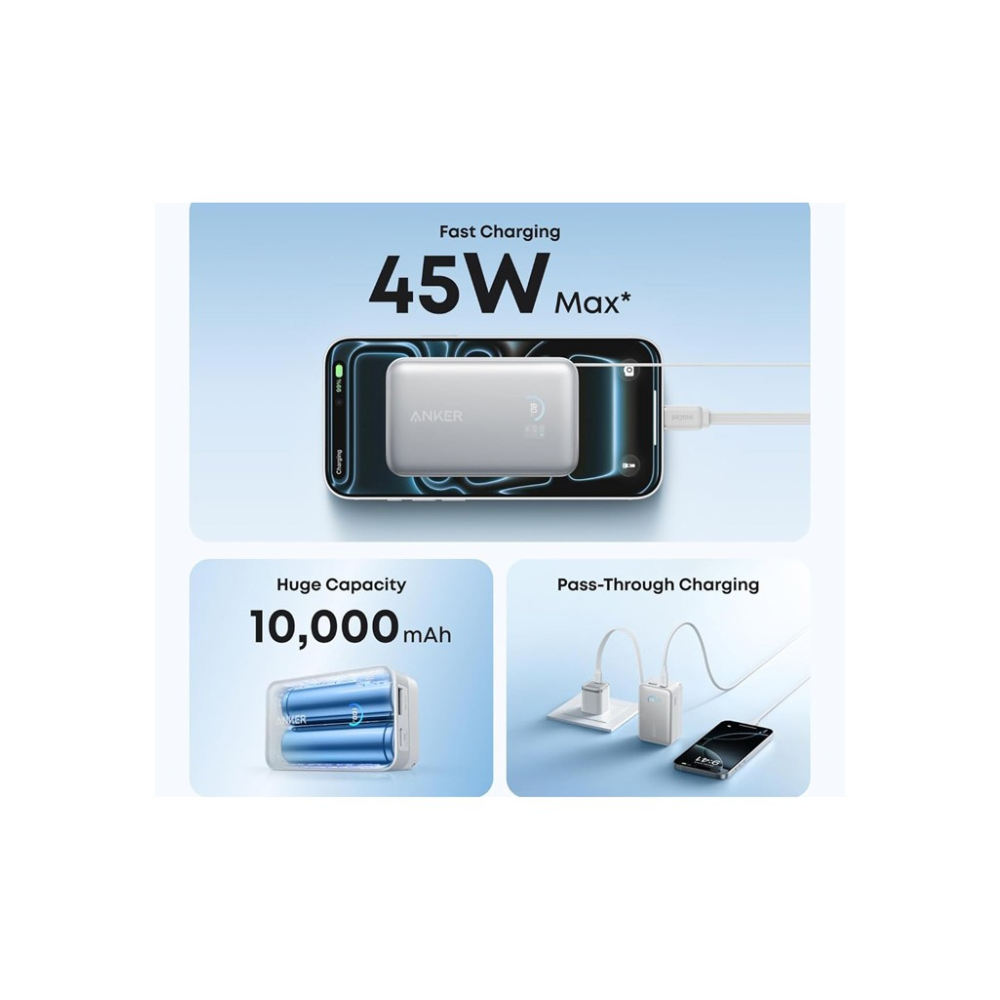 ANKER Nano 10000mAh, 45W, sa ugradjenim USB-C kablom na izvlacenje, Power Bank beli
