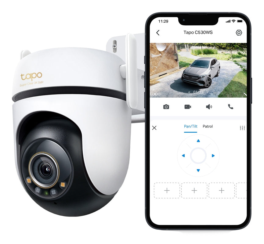 TP-Link Outdoor Pan/Tilt Security Wi-Fi Camera SPEC: 3K 5MP (2880x1620), 2.4 GHz, 2 × External Antennas, 1 × Ethernet Port, Horizontal 360º