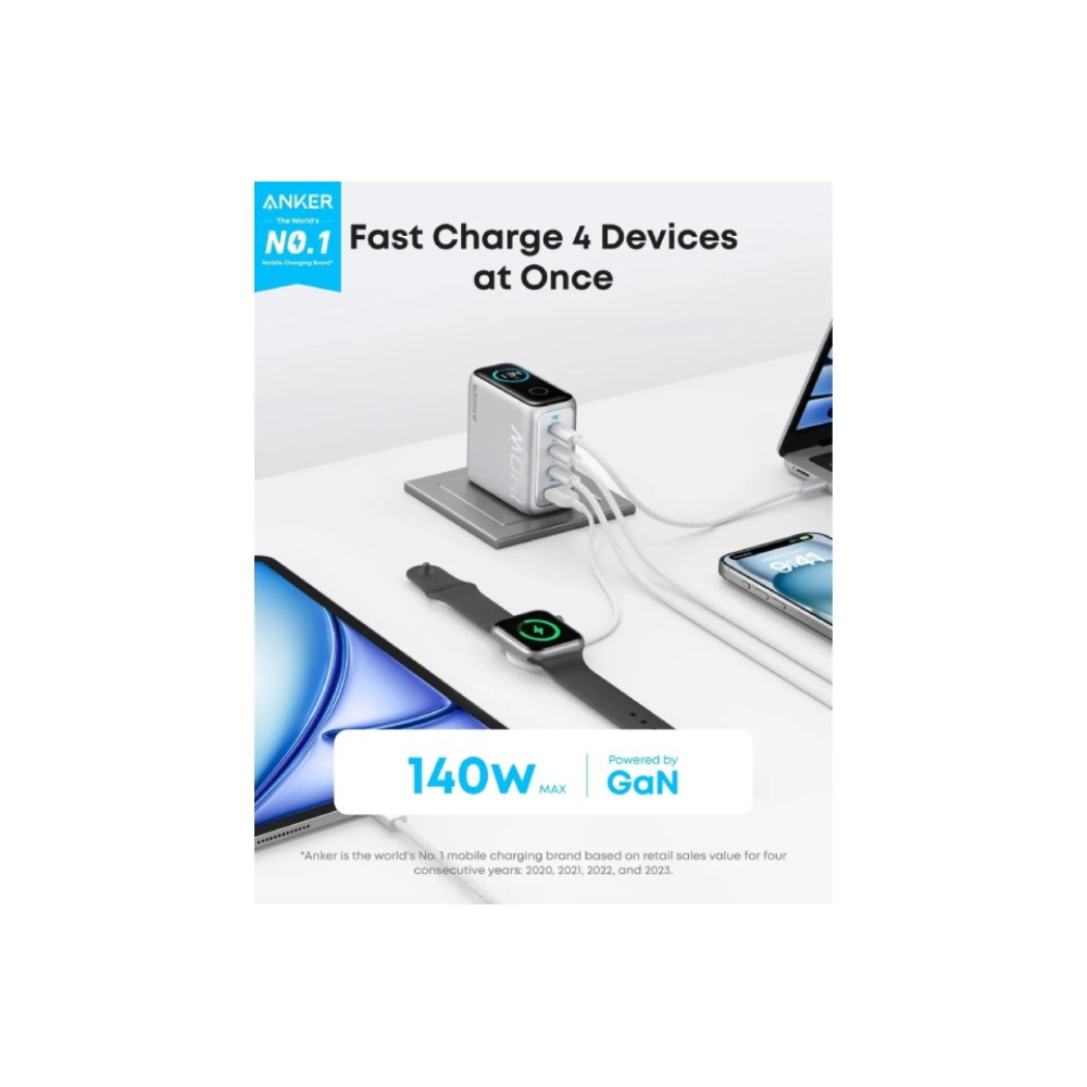 ANKER 140W GaN zidni brzi punjac, 4-porta (3x USB-C i 1x USB-A) sa USB-C M/M pletenim kablom, srebrni