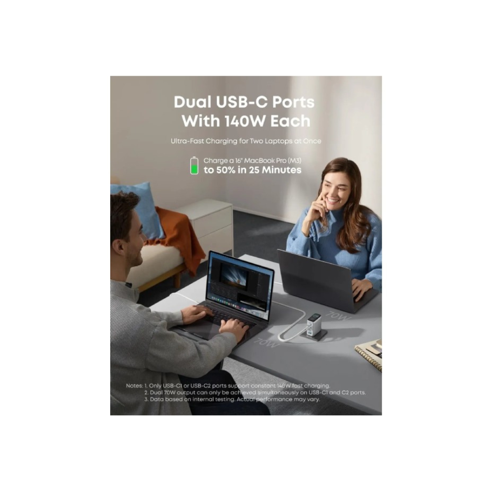 ANKER 140W GaN zidni brzi punjac, 4-porta (3x USB-C i 1x USB-A) sa USB-C M/M pletenim kablom, srebrni