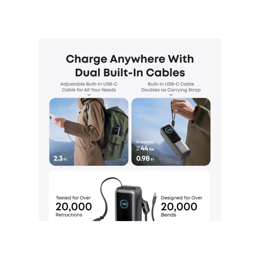 ANKER 25000mAh, 165W, sa ugradjenim USB-C kablom na izvlačenje, Power Bank za laptop srebrni