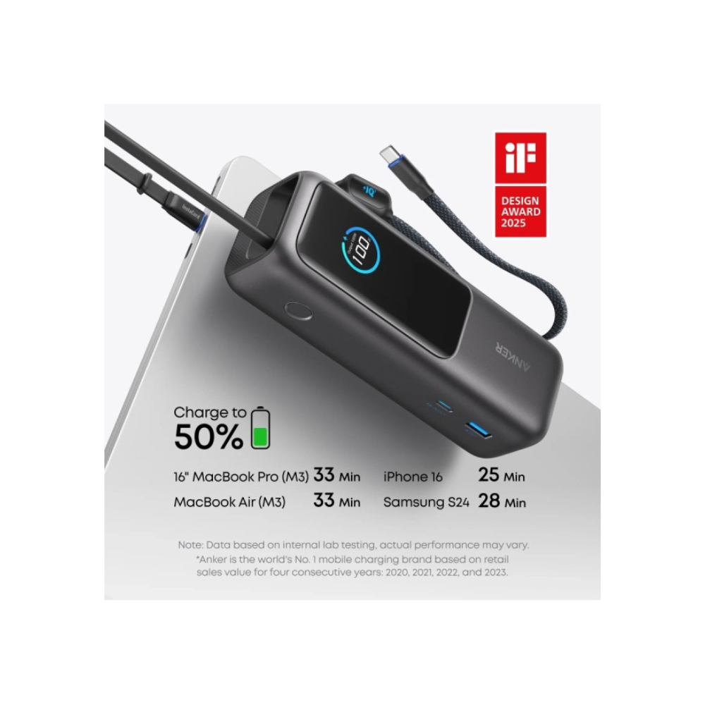 ANKER 25000mAh, 165W, sa ugradjenim USB-C kablom na izvlačenje, Power Bank za laptop srebrni
