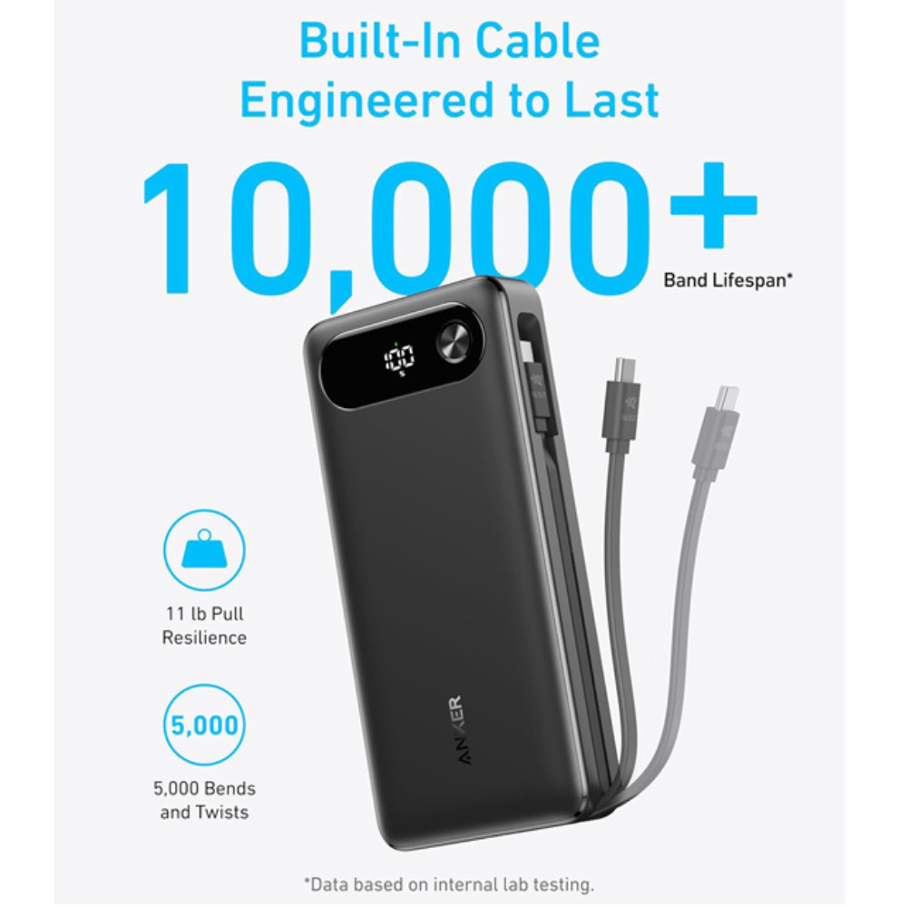 ANKER 20000mAh, 87W, sa ugrađenim USB-C kablom na izvlačenje, Power Bank crni