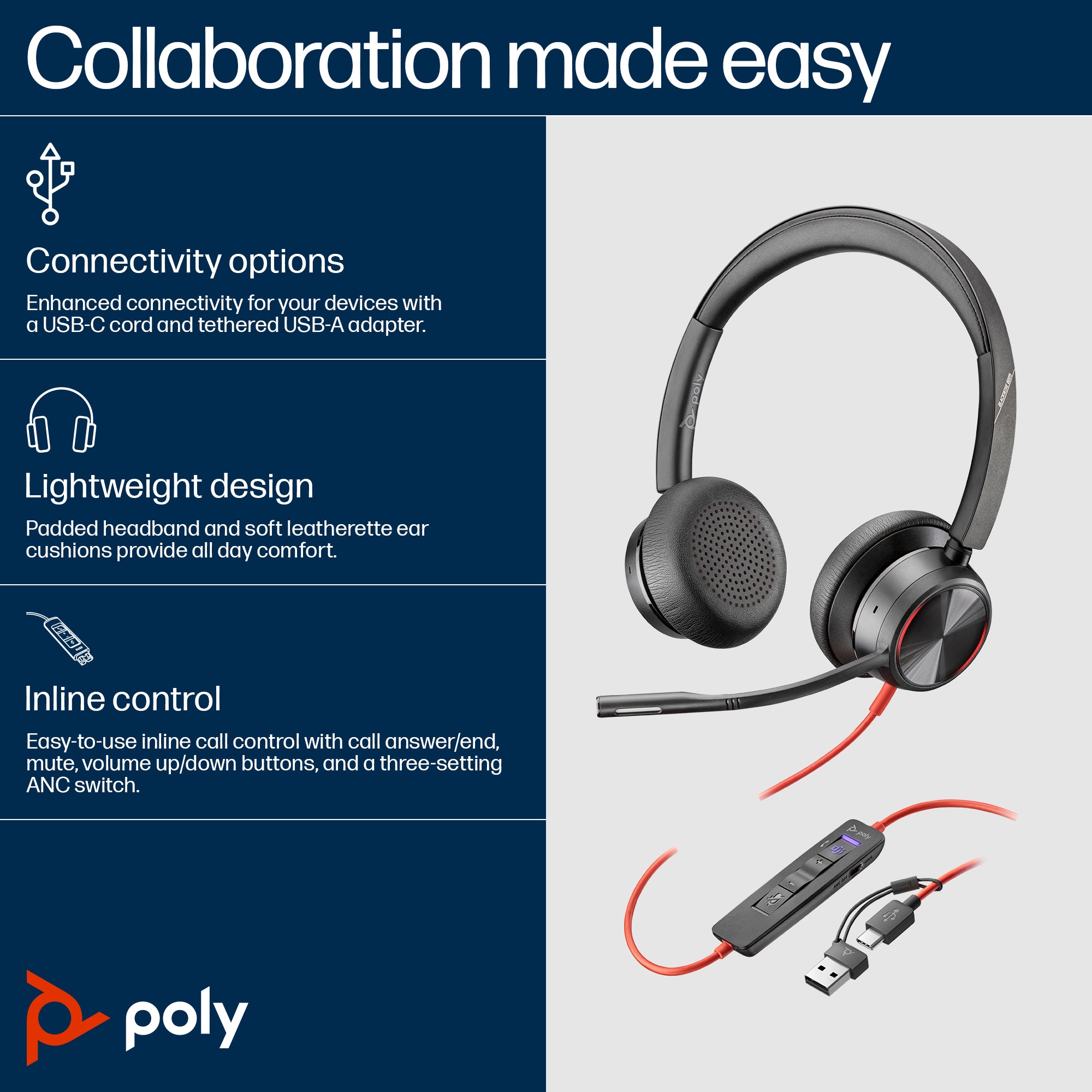 HP Poly Blackwire 8225 Stereo Microsoft Teams Certified USB-C Headset +USB-C/A Adapter (8X225AA)