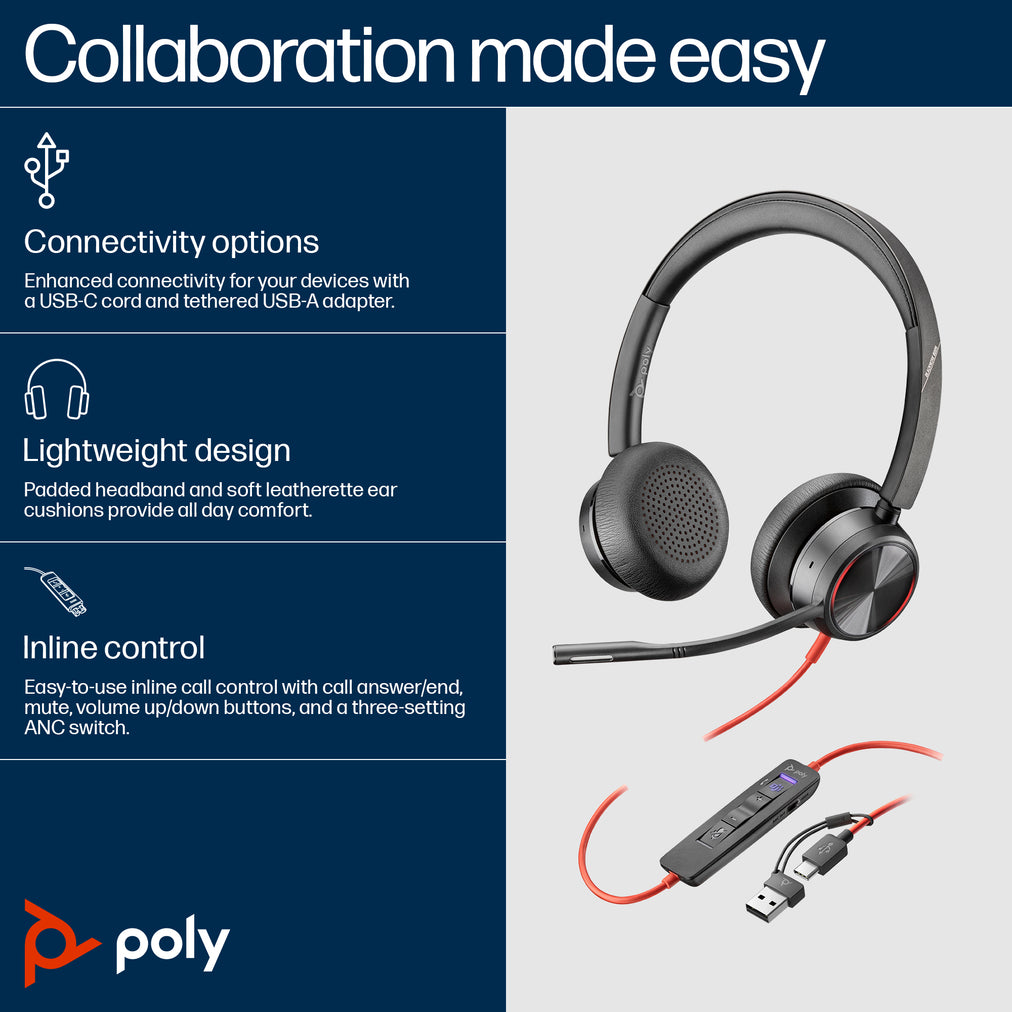 HP Poly Blackwire 8225 Stereo Microsoft Teams Certified USB-C Headset +USB-C/A Adapter (8X225AA)