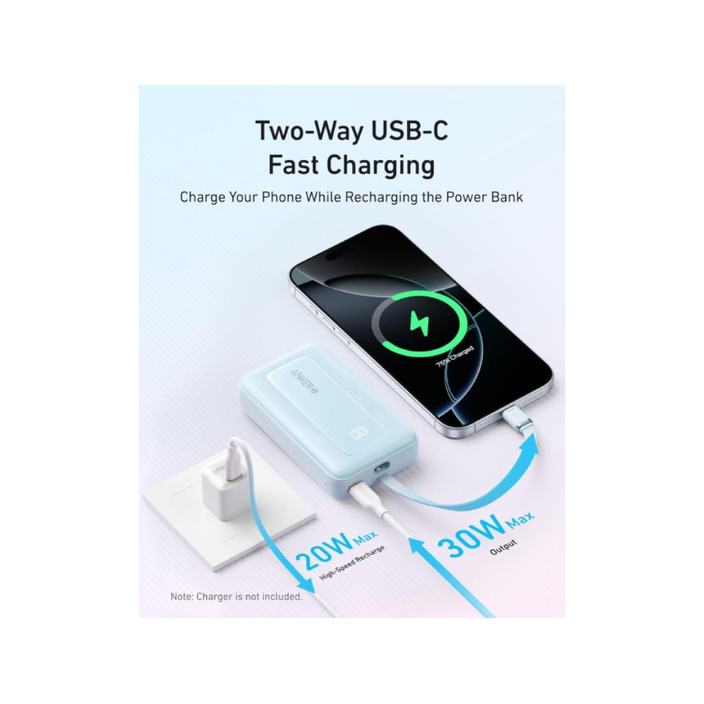 ANKER Zolo 20000mAh, 22.5W, sa ugradjenim USB-C kablom, Power Bank crni