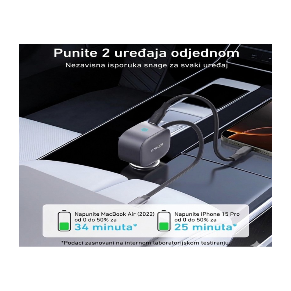 ANKER Nano 75W, sa ugradjenim USB-C kablom na izvlačenje i USB-C portom, auto punjač