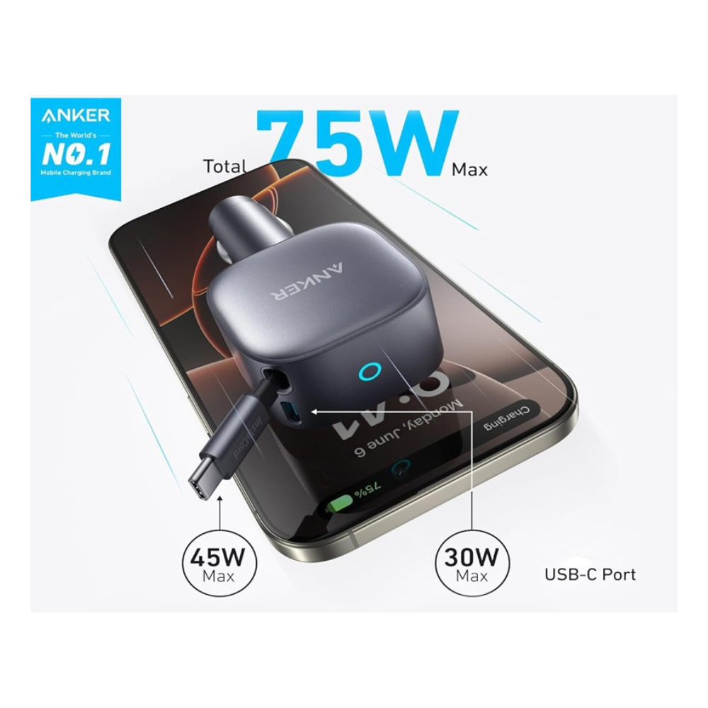 ANKER Nano 75W, sa ugradjenim USB-C kablom na izvlačenje i USB-C portom, auto punjač