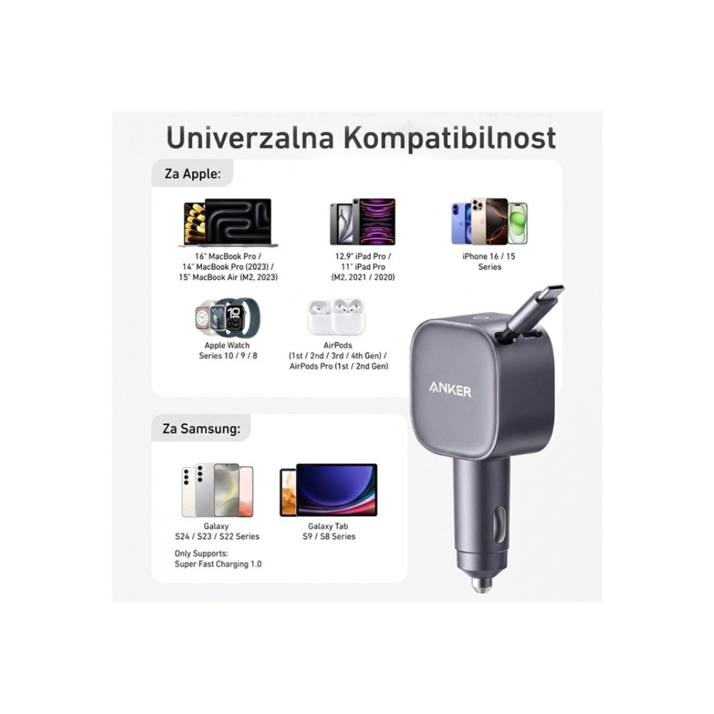 ANKER Nano 75W, sa ugradjenim USB-C kablom na izvlačenje i USB-C portom, auto punjač
