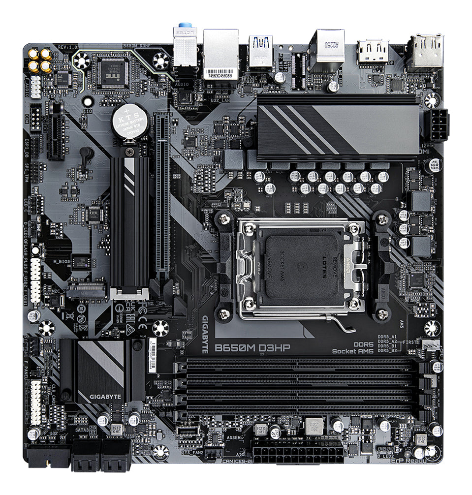 GIGABYTE B650M D3HP Motherboard - AMD Ryzen 9000 Series CPUs, 5+2+2 Phases VRM, up to 7600MHz DDR5 (OC), 2xPCIe 4.0 M.2, 2.5GbE LAN, USB 3.2 Gen 1
