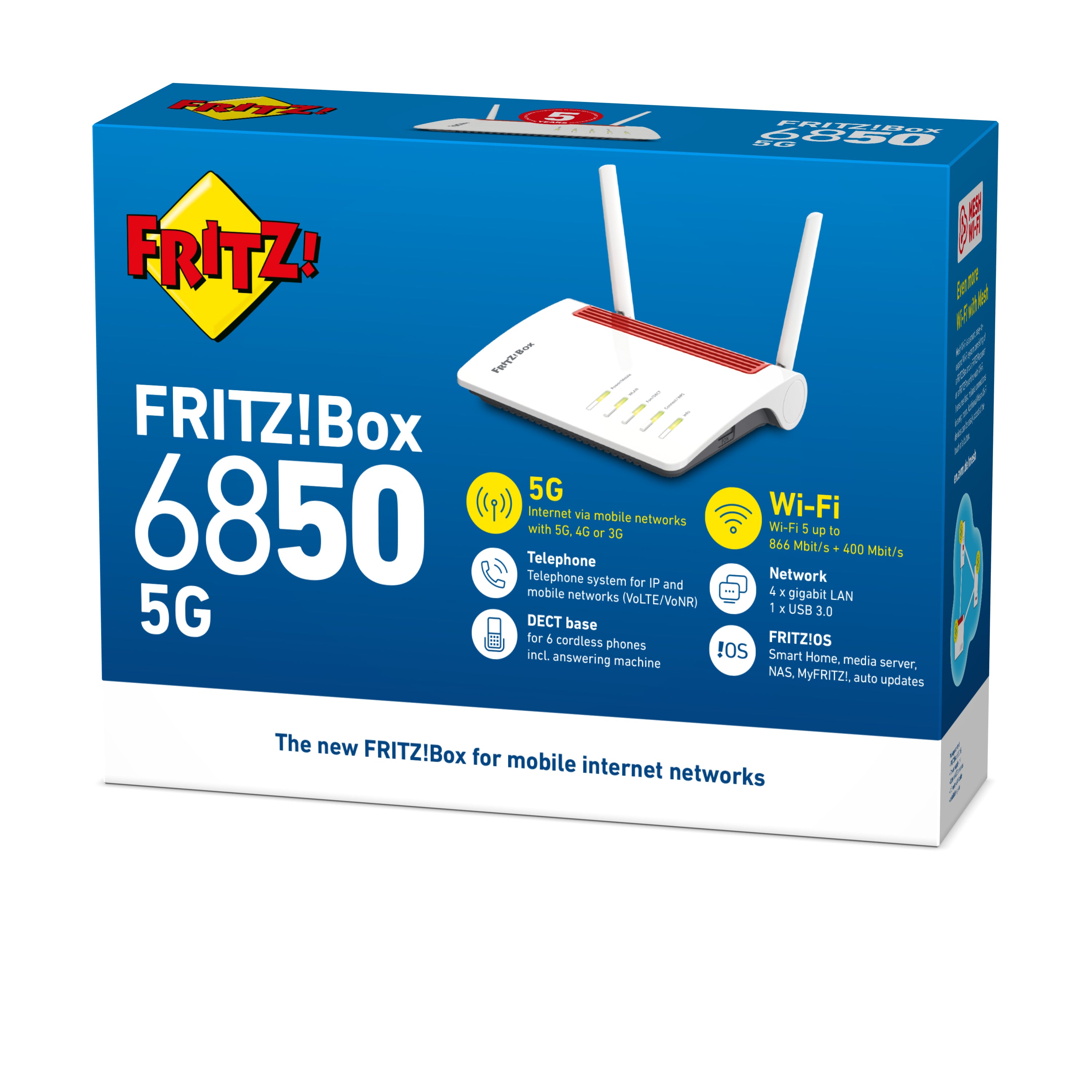 Fritz! Box 6850 5G wireless router Gigabit Ethernet Dual-band (2.4 GHz / 5 GHz) White (20002928)
