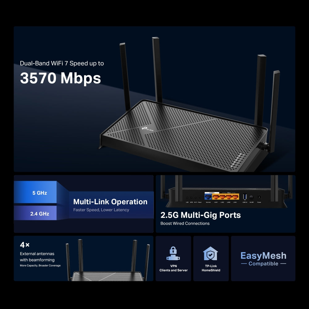 TP-Link Archer BE230 wireless router 2.5 Gigabit Ethernet Dual-band (2.4 GHz / 5 GHz) Black (ARCHER BE230)
