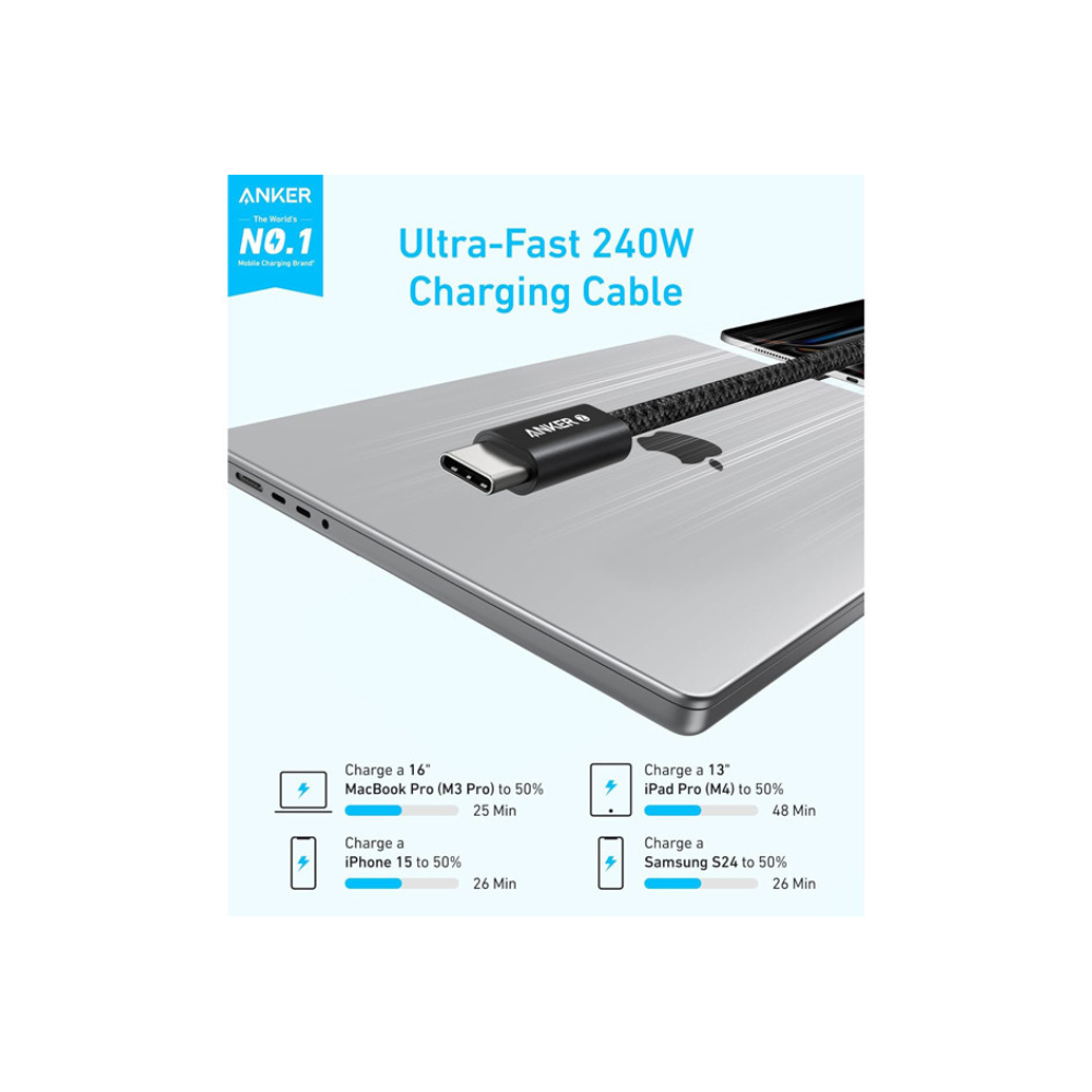 ANKER Zolo USB tip-C kabl M/M 1m, super brzo punjenje 240W, pleteni, crni