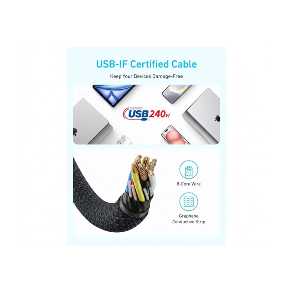 ANKER Zolo USB tip-C kabl M/M 1m, super brzo punjenje 240W, pleteni, crni