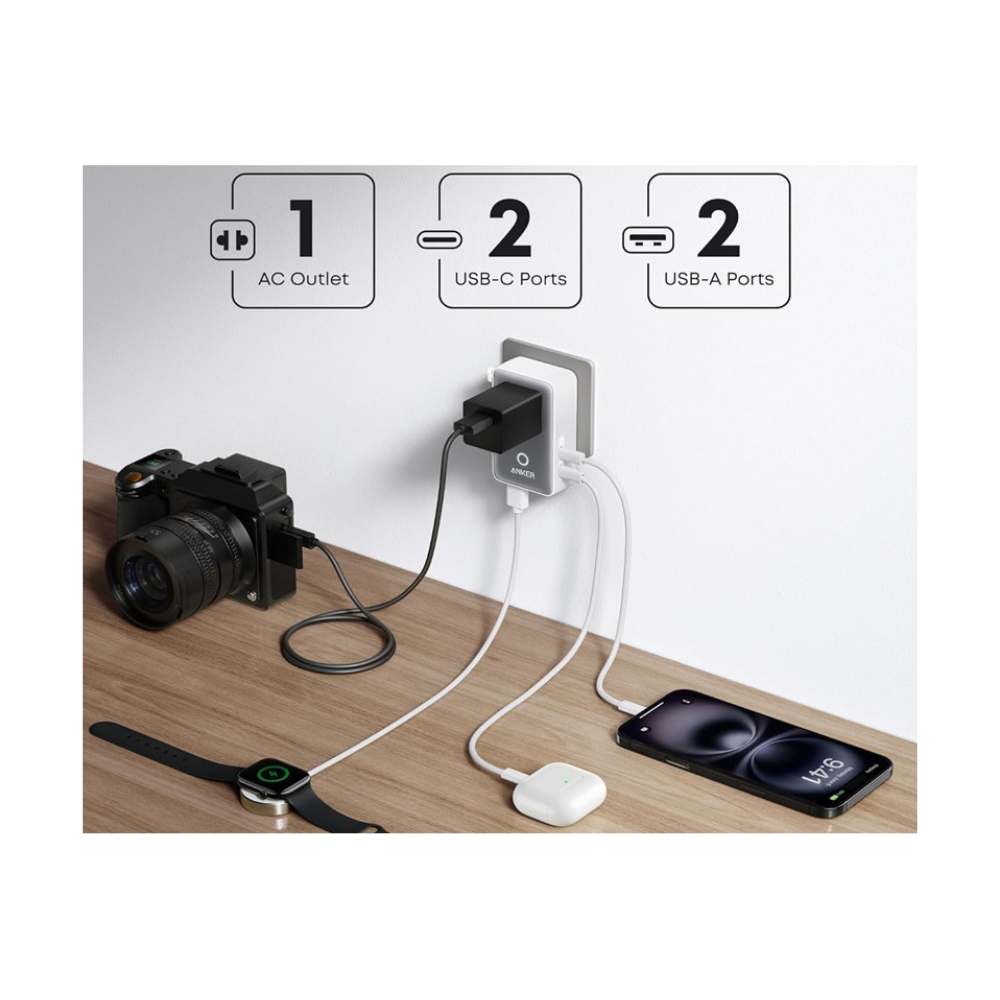ANKER Nano 20W putni zidni punjač 5-portova (2x USB-A, 2x USB-C, utičnica EU na US, UK, AU i EU), beli