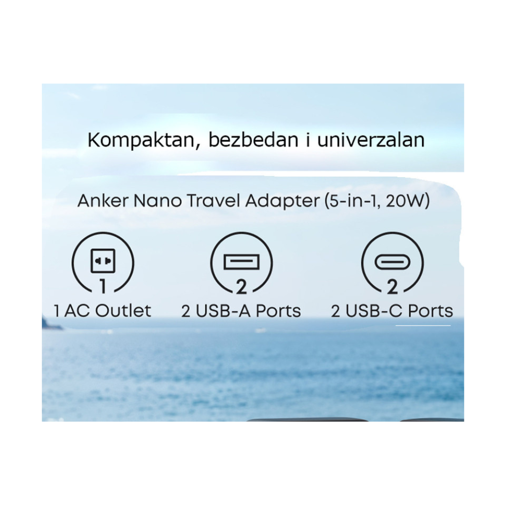 ANKER Nano 20W putni zidni punjač 5-portova (2x USB-A, 2x USB-C, utičnica EU na US, UK, AU i EU), beli
