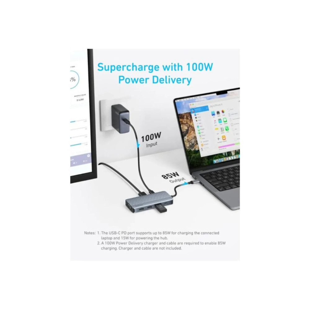 ANKER USB-C Data Hub, 8u1, Triple Display, PD 85W doking stanica siva