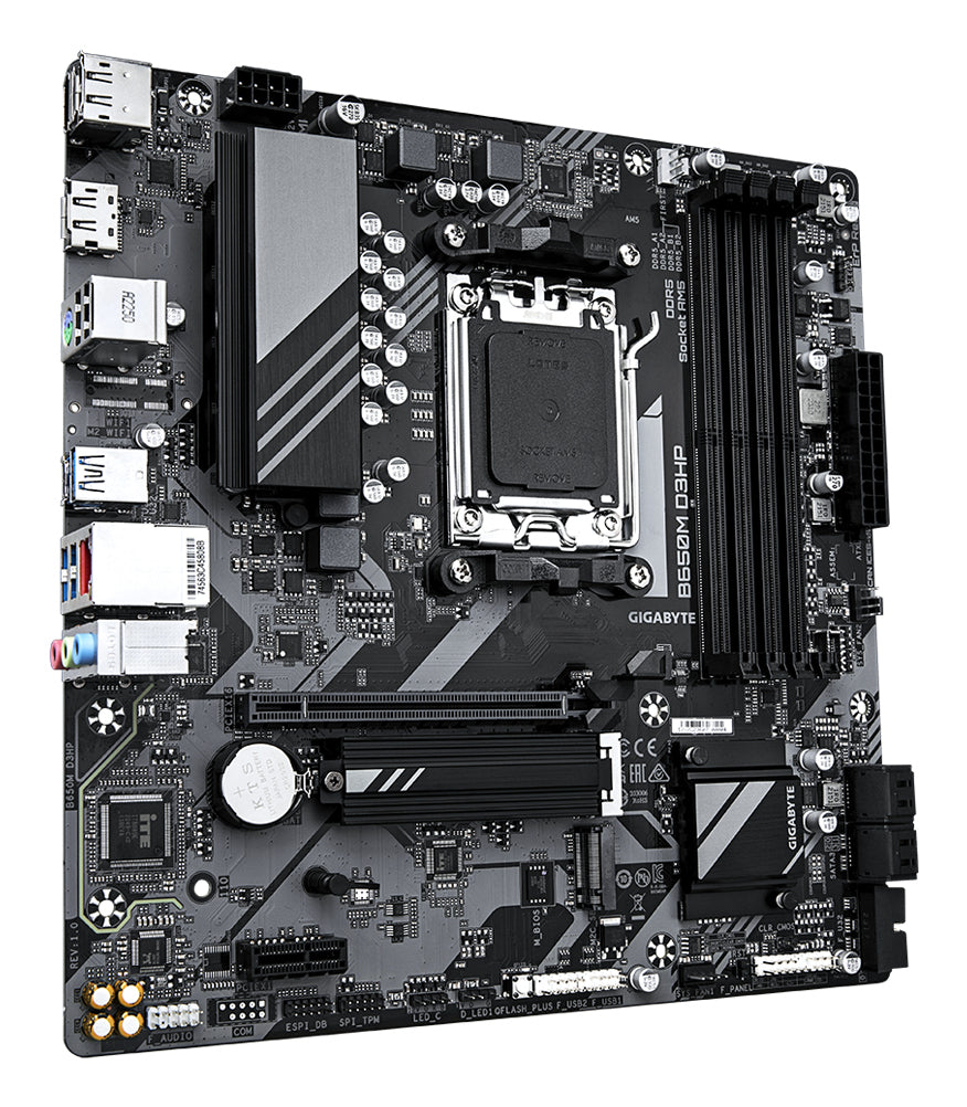 GIGABYTE B650M D3HP Motherboard - AMD Ryzen 9000 Series CPUs, 5+2+2 Phases VRM, up to 7600MHz DDR5 (OC), 2xPCIe 4.0 M.2, 2.5GbE LAN, USB 3.2 Gen 1