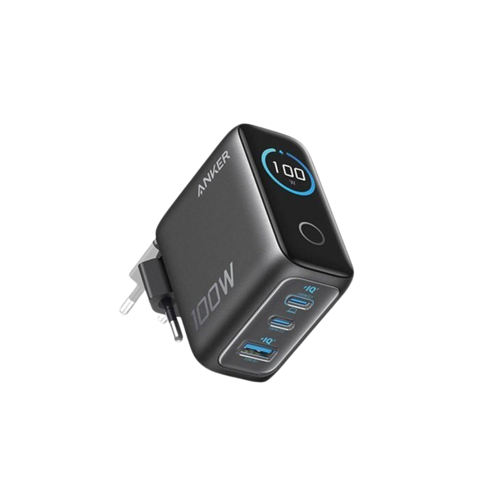 ANKER 100W GaN zidni brzi punjač, 3-porta (2x USB-C i 1x USB-A) sa USB-C M/M pletenim kablom, tamno sivi