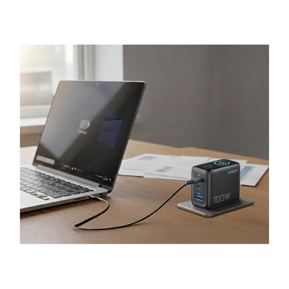 ANKER 100W GaN zidni brzi punjač, 3-porta (2x USB-C i 1x USB-A) sa USB-C M/M pletenim kablom, tamno sivi