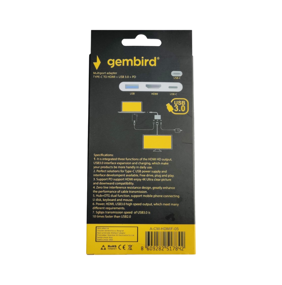 Gembird TYPE-C TO HDMI + USB3.0 + PD ALUMINIUM A-CM-HDMIF-05