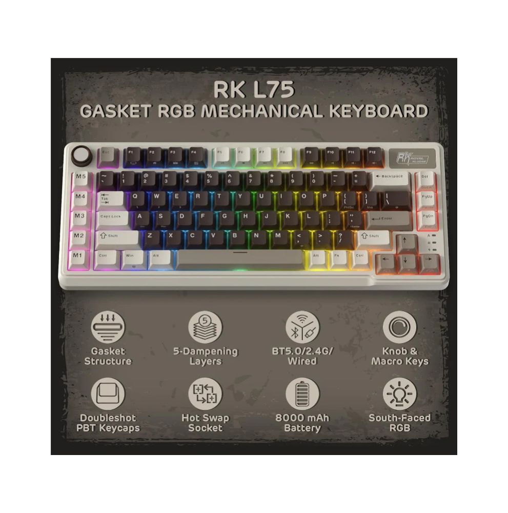 Royal Kludge RK L75 RGB Mehanička Tastatura, Hot-Swap,Boja "Mocha Grey", Cream Prekidači
