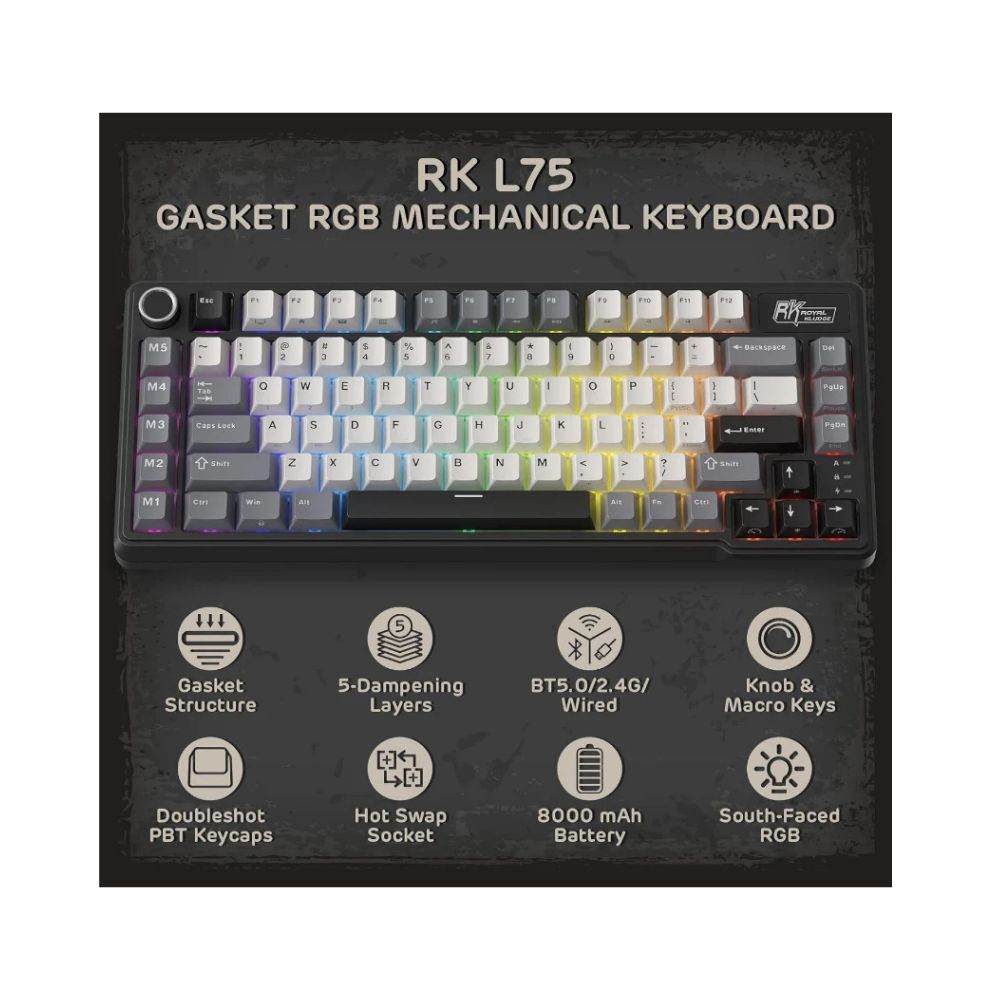 Royal Kludge RK L75 RGB Mehanička Tastatura, Hot-Swap,Boja "Knight Black", Cream Prekidači