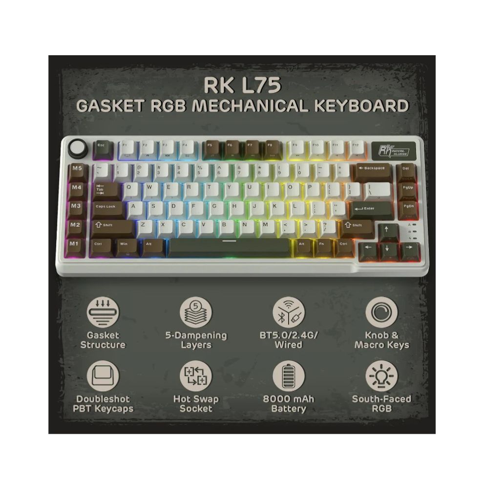 Royal Kludge RK L75 RGB Mehanička Tastatura, Hot-Swap,Boja "Palm Green", Cream Prekidači