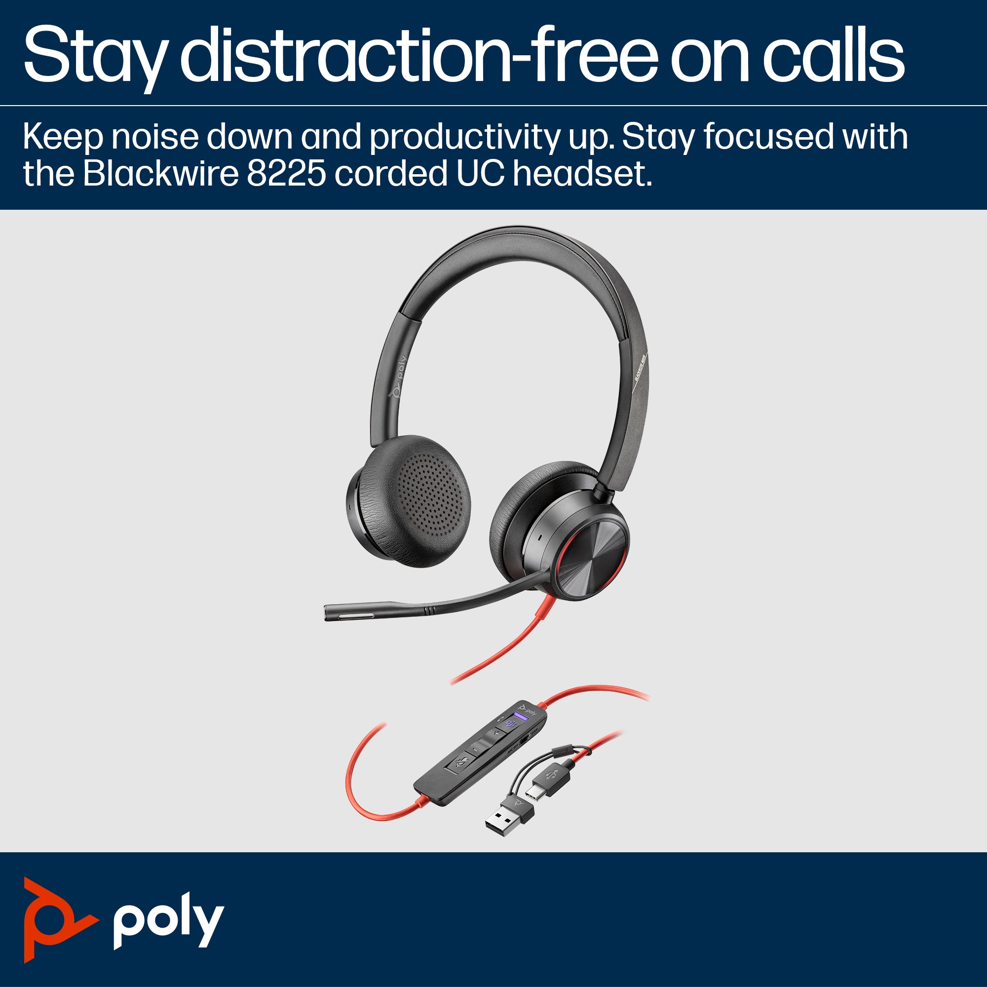 HP Poly Blackwire 8225 Stereo Microsoft Teams Certified USB-C Headset +USB-C/A Adapter (8X225AA)
