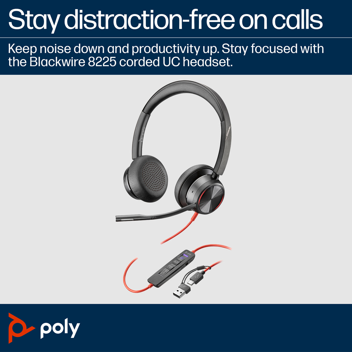 HP Poly Blackwire 8225 Stereo Microsoft Teams Certified USB-C Headset +USB-C/A Adapter (8X225AA)