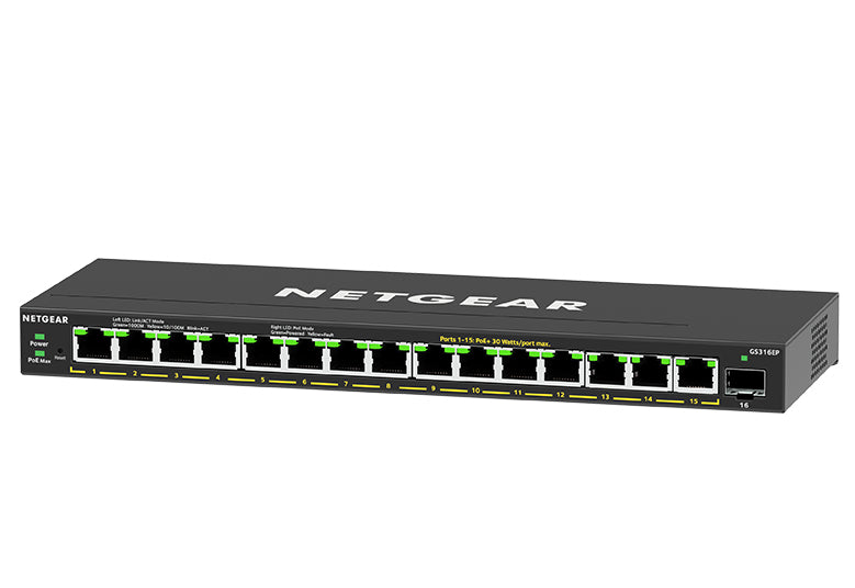 NETGEAR GS316EP Managed Gigabit Ethernet (10/100/1000) Power over Ethernet (PoE) Black (GS316EP-100PES)
