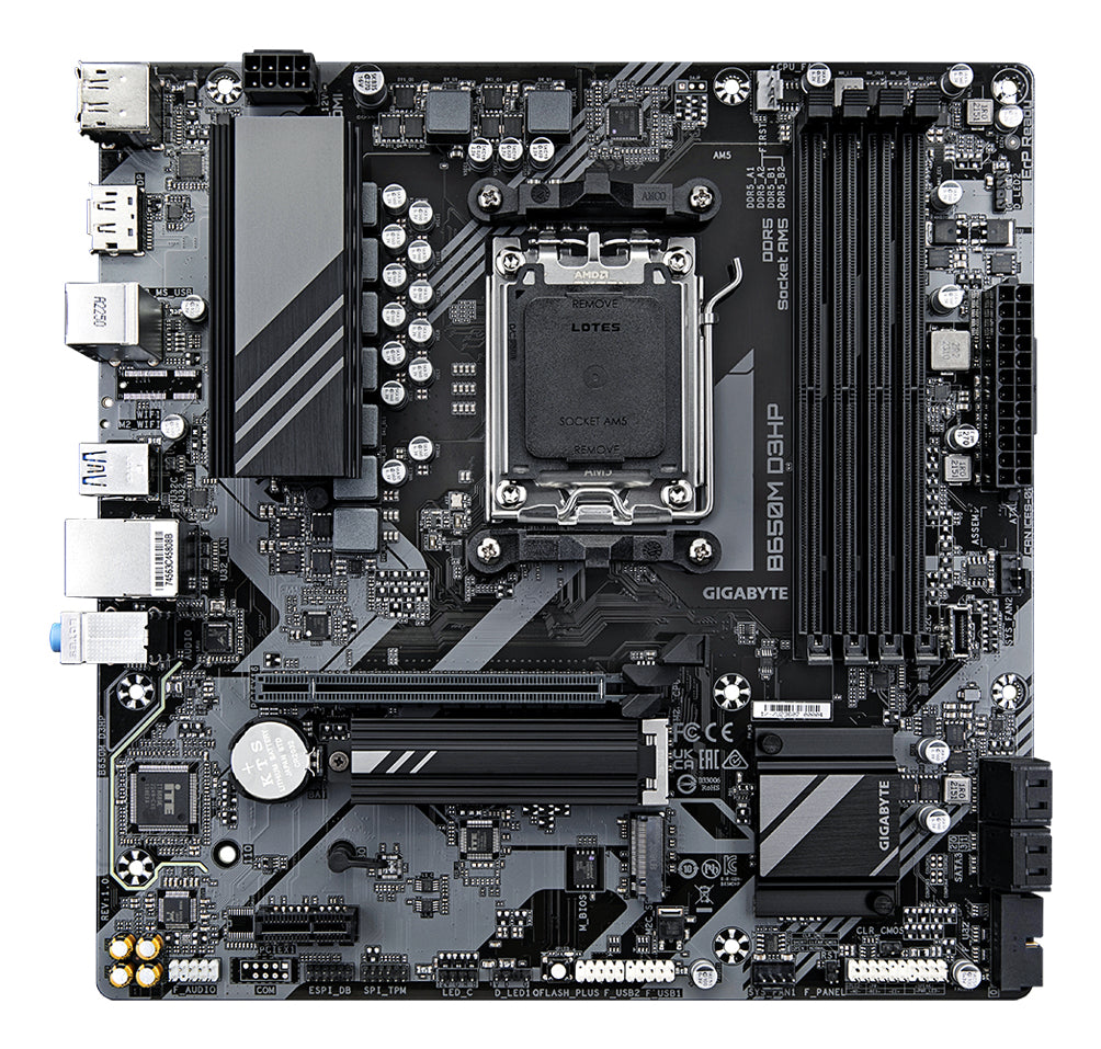 GIGABYTE B650M D3HP Motherboard - AMD Ryzen 9000 Series CPUs, 5+2+2 Phases VRM, up to 7600MHz DDR5 (OC), 2xPCIe 4.0 M.2, 2.5GbE LAN, USB 3.2 Gen 1