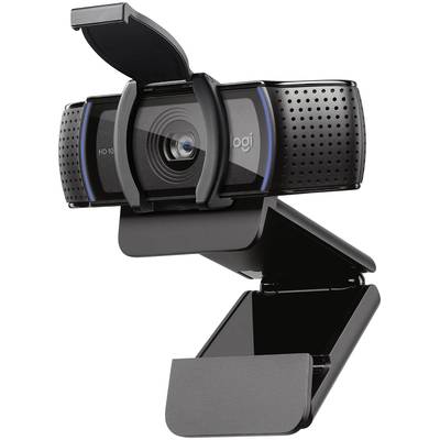 A black webcam with a foldable stand and a privacy cover over the lens.